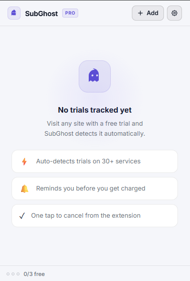 SubGhost extension popup showing trial dashboard with active subscriptions being tracked